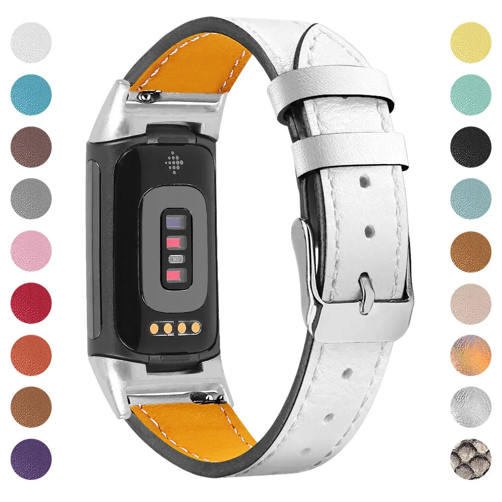 Genuine cowhide leather replacement strap for Fitbit Charge 5 and Charge 6 smartwatches in various colours.