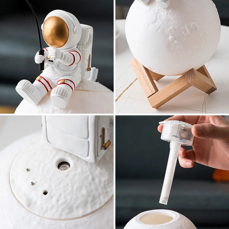 Gold astronaut resin figurine USB humidifier and night light on a wooden base