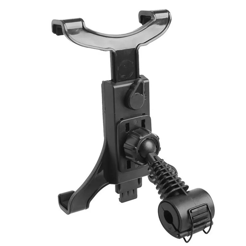Black car headrest mount holder with four-point clamp for tablet on bumpy roads