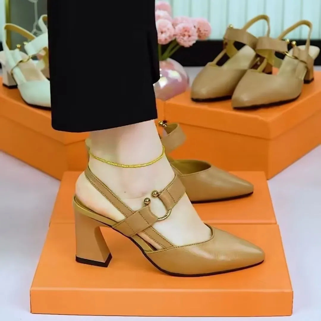 Women's apricot pigskin leather sandals with a chunky high heel and closed pointed toe.