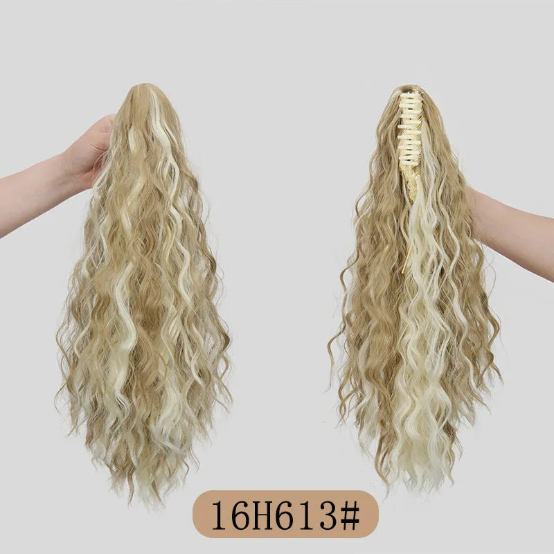Corn curler wig with water ripple grip ponytail in synthetic high temperature fibre, shown in colour 1B.