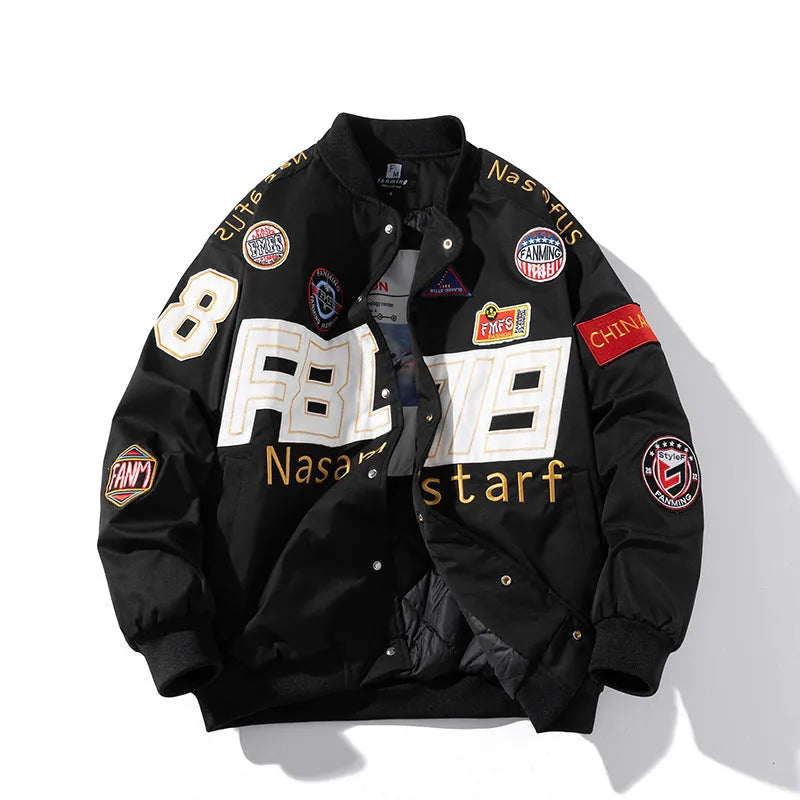 American motorcycle baseball uniform jacket in black, red, or blue with removable hood and cotton-padded lining