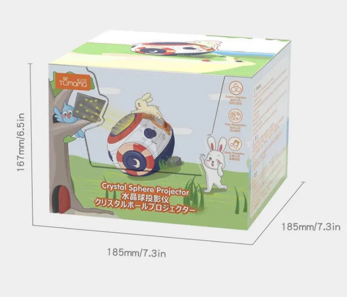 White cube-shaped children's night light projector showing starry sky projection with control button on top