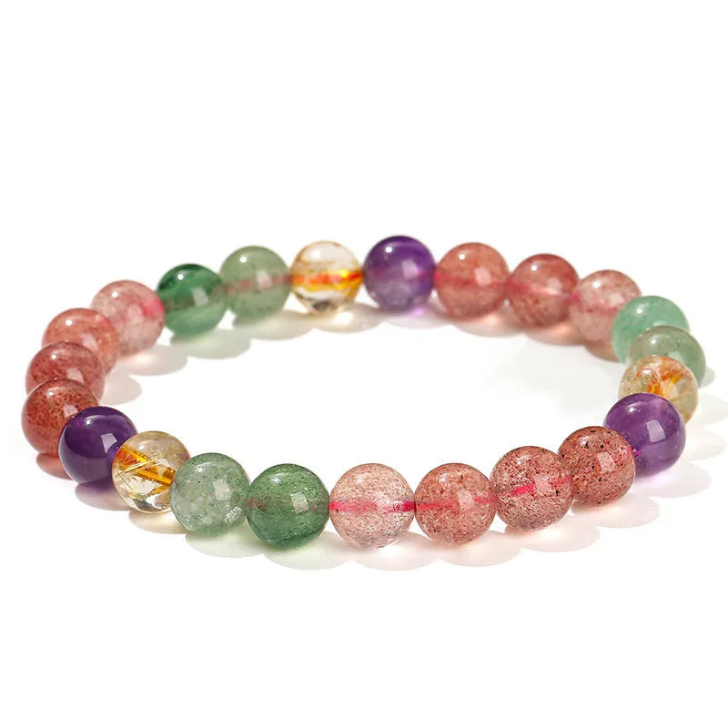 Natural tourmaline colour strawberry quartz bracelet with round geometry beads.