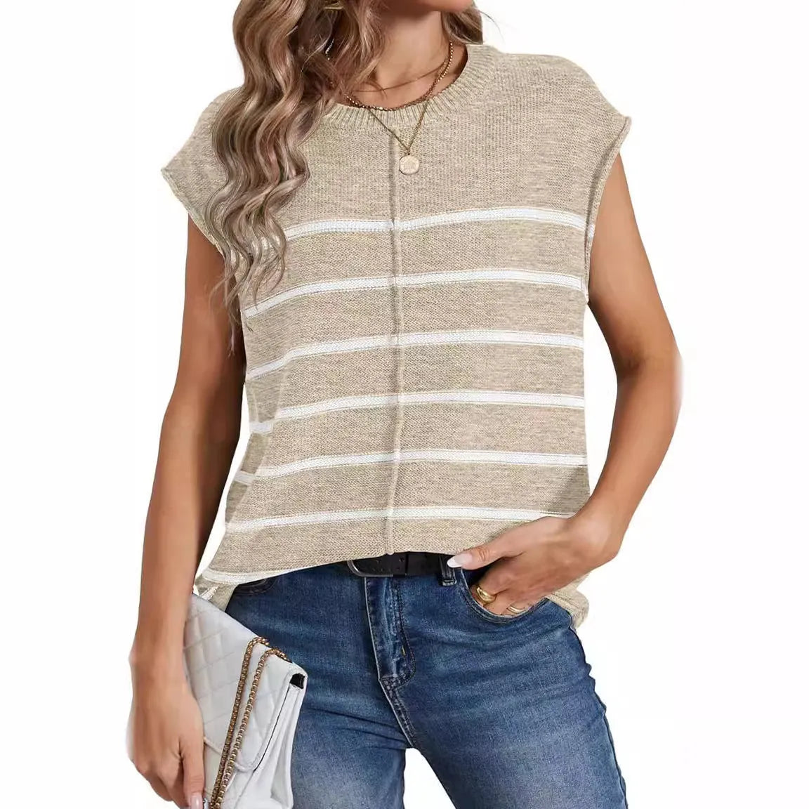 Women's striped sleeveless vest pullover top in acrylic fabric with bone stitching.