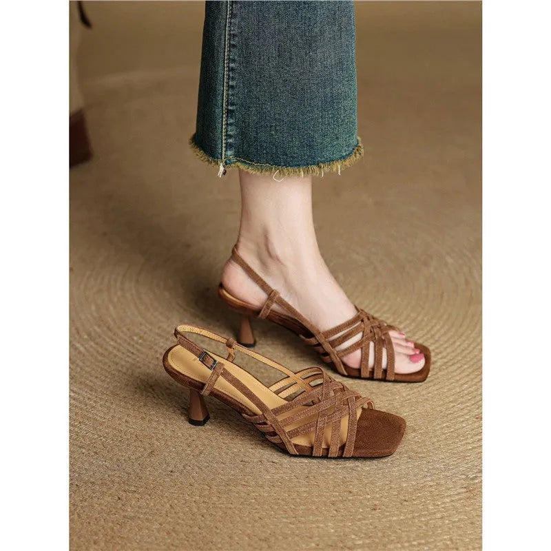 Women's retro-style high-heel sandals with ankle buckle in light brown artificial PU leather