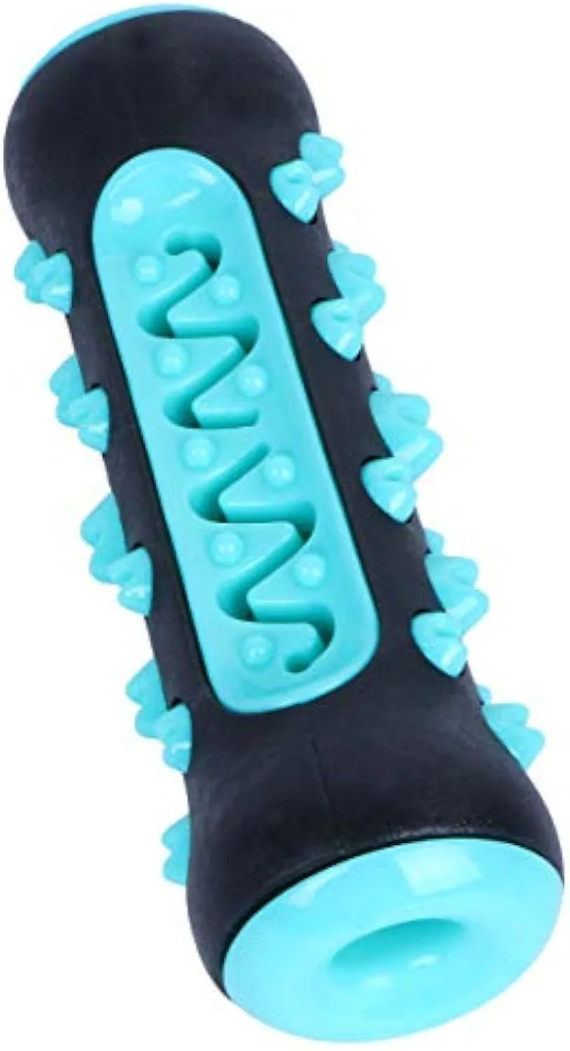 Natural rubber dog toothbrush chew toy in blue, showing textured surface for dental cleaning.