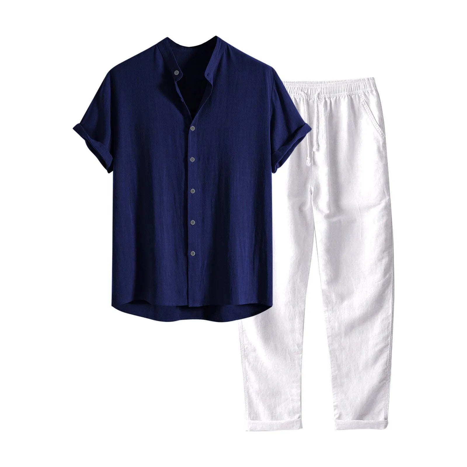 Men's casual linen blend short sleeve shirt and full-length trousers set on a hanger.