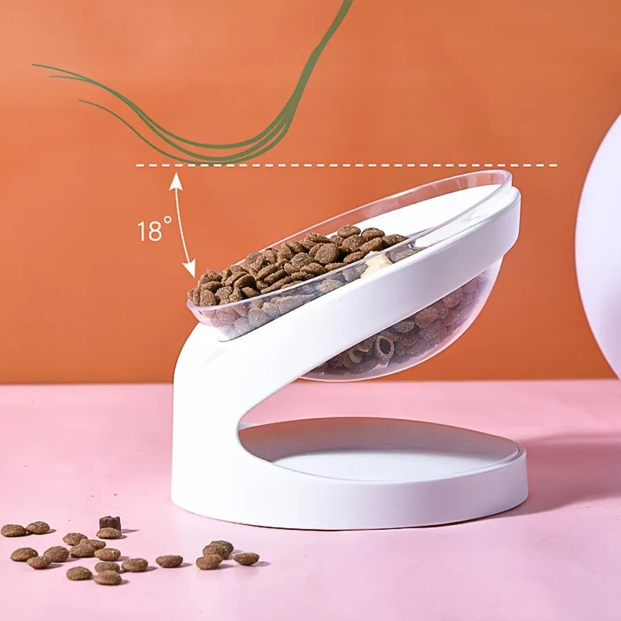 White elevated cat food bowl with clear plastic construction and anti-vomit tilt design