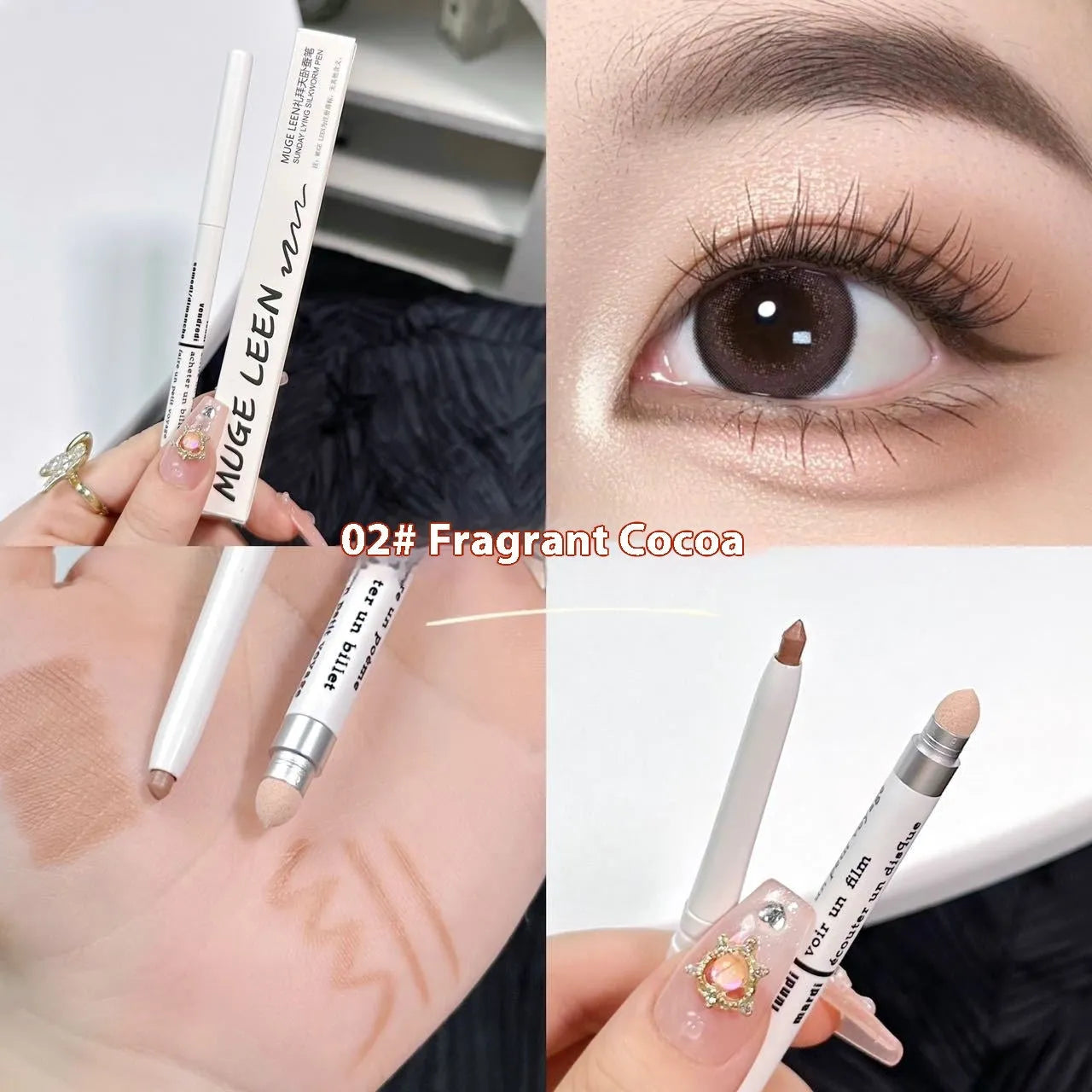 INS style 2-in-1 waterproof eye shadow pen in a selection of 14 brightening colours on a white background.