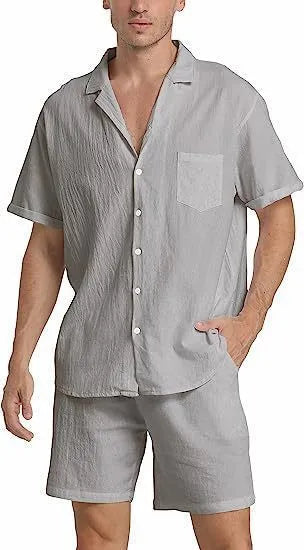 Men's flax fabric sports shorts suit with short-sleeved top and matching shorts