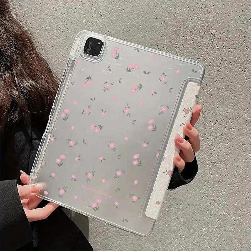 Transparent floral tri-fold protective case for Apple iPad with magnetic stand functionality
