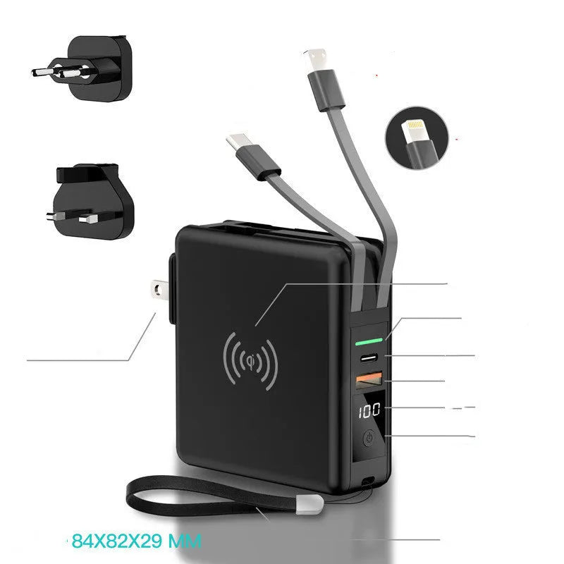 Super QI PD20W fast power bank in black with international travel plug attachments