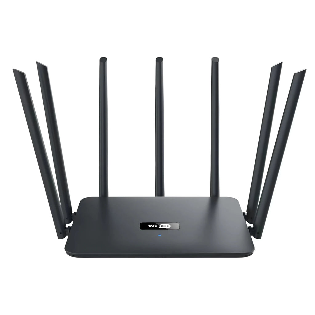 Black and white dual-band 5G router with wall-through Wi-Fi coverage for whole home connectivity