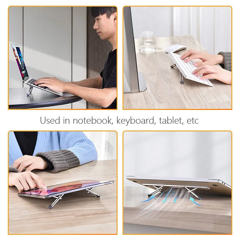 Aluminium adjustable laptop cooling bracket in silver or grey on desktop