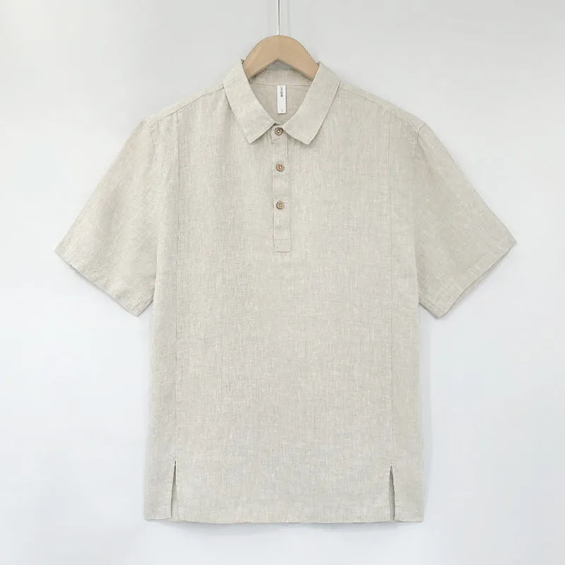Men's linen summer top with thin lapels and short sleeves in loose-fitting style