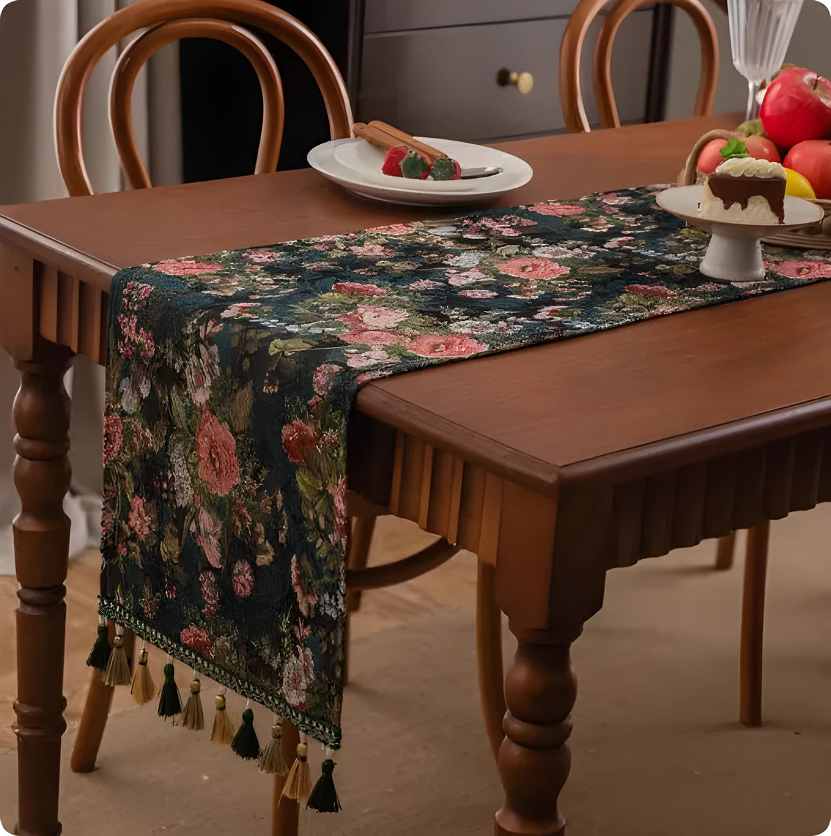 Country European retro cotton blend table flag with handwoven tassels on sideboard