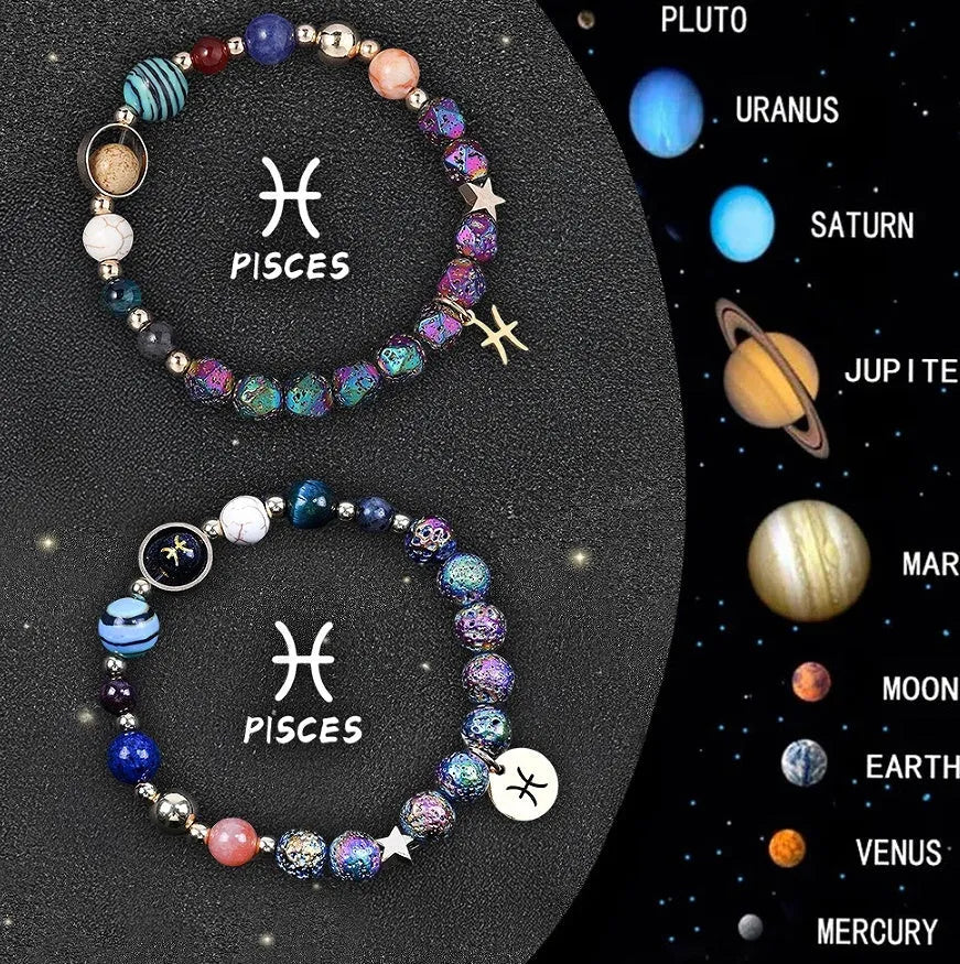 Natural stone beaded bracelet showing an adjustable strap with a zodiac charm, available in twelve astrological sign styles.
