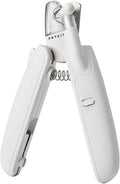 White LED pet nail clipper for cats and dogs with transparent anti-splash guard and file.
