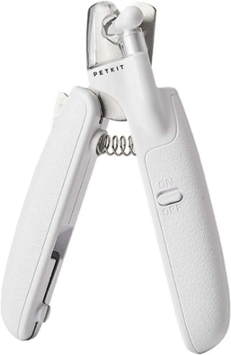White LED pet nail clipper for cats and dogs with transparent anti-splash guard and file.