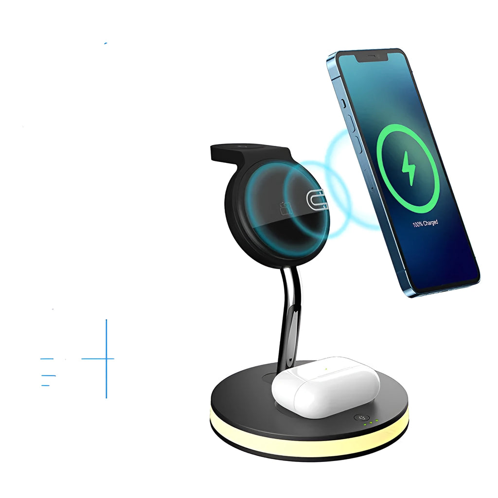 Four in one magnetic wireless charger in black with USB cable and LED light indicator
