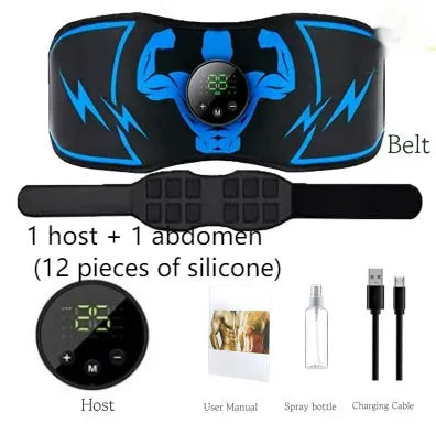 Blue EMS abdominal fitness belt with wireless remote control and arm stickers