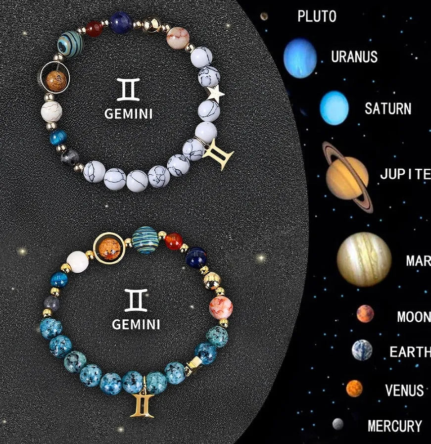 Set of two natural stone beaded bracelets on elastic cords for zodiac signs.