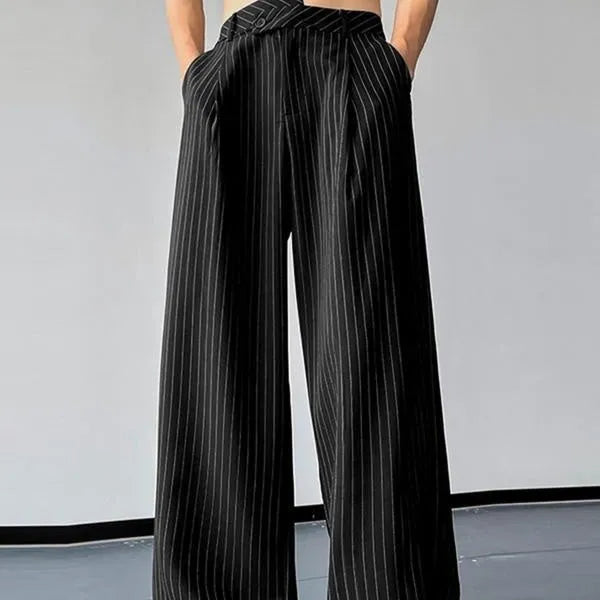 Black men's casual trousers with vertical stripes and front pleats made from rabbit hair and bamboo fibre.