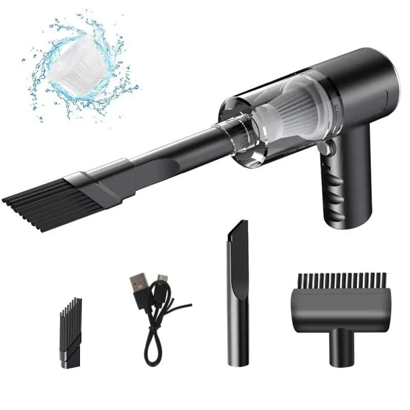 Black handheld portable wireless car vacuum cleaner with USB charging port