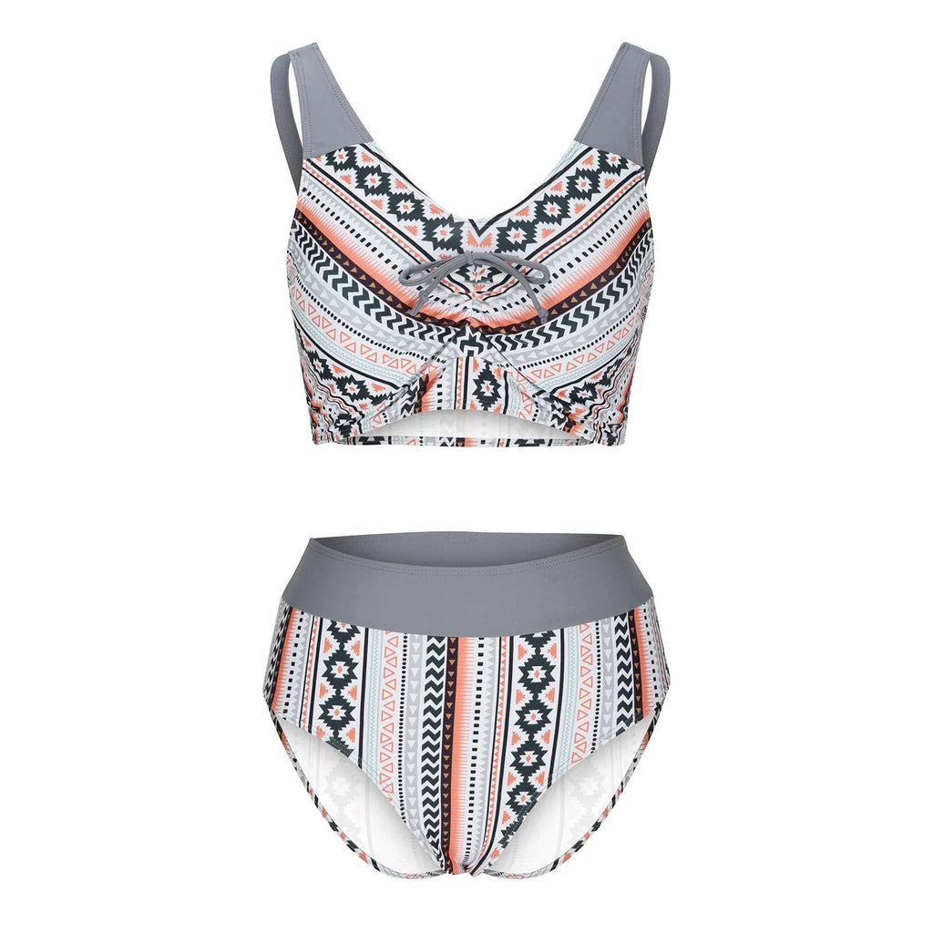 Women's polyester bikini set in briefs style showing blue and grey colour options