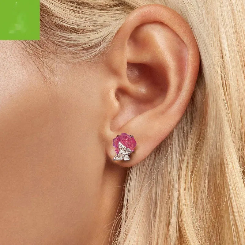 S925 sterling silver rose flower ear studs electroplated finish sweet style women