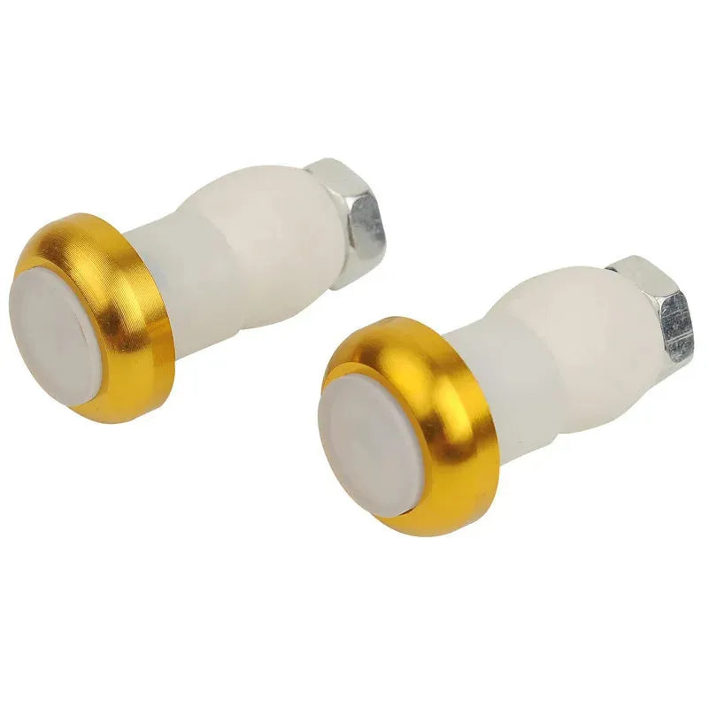 A pair of anodised aluminium bicycle handlebar safety lights in a choice of colours, showing the LED lens and mounting nut.