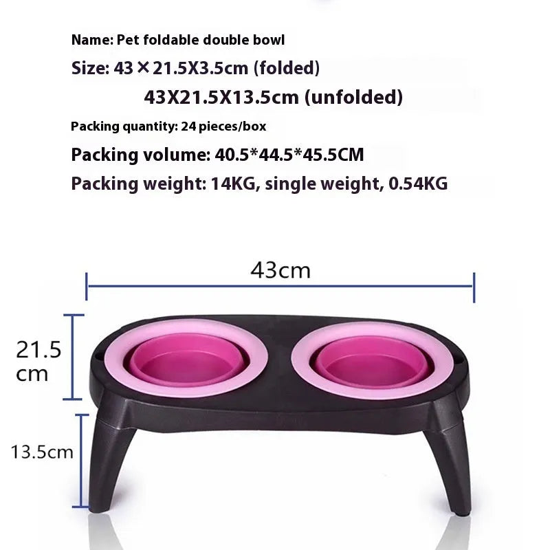 Blue folding double bowl pet feeder made from TPR and PP materials showing non-slip base and two compartments