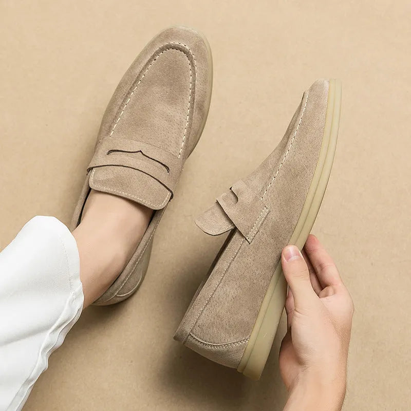 Men's beige slip-on shoes with cowhide leather upper and round toe design