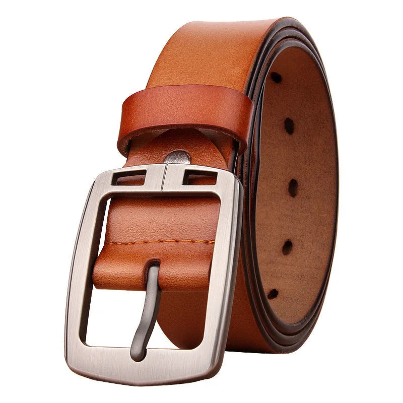 Men's antique pin buckle cowhide belt in black with electroplated buckle