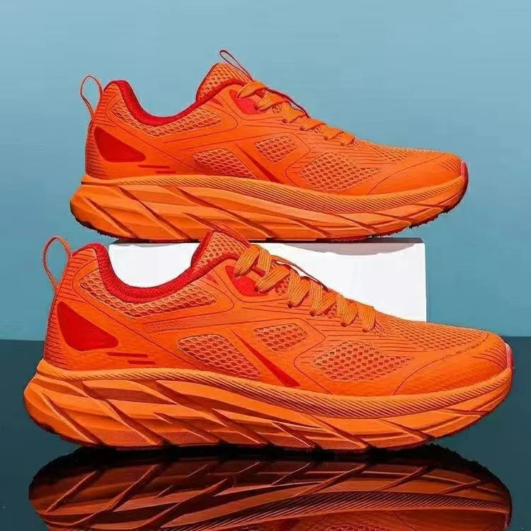 Breathable mesh casual running sneakers in red, beige, green, grey, and black colours with round toe.