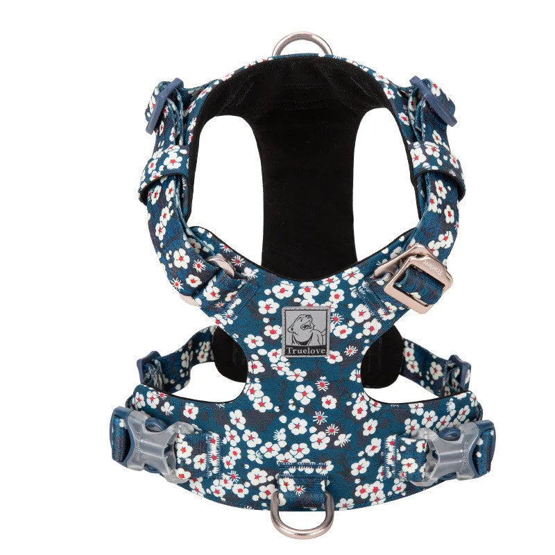 Floral pattern pet harness with chest strap in pure cotton fabric