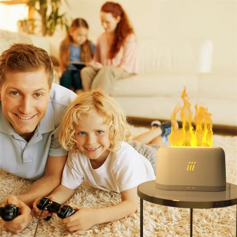 Black round flame aroma diffuser humidifier with LED lighting on wooden surface