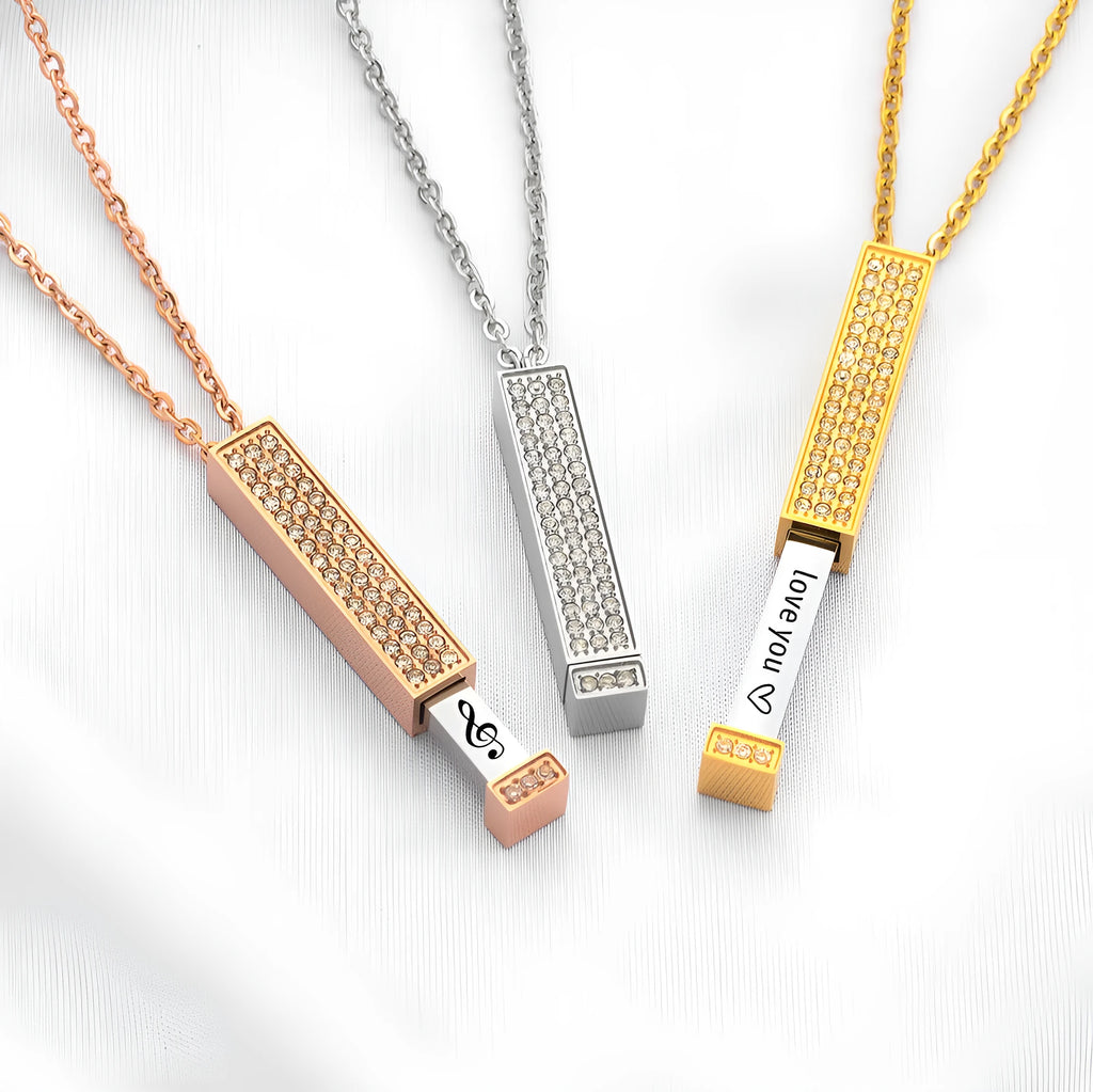 Engraved diamond doll necklace stainless steel geometric pendant with chain gold rose gold steel options