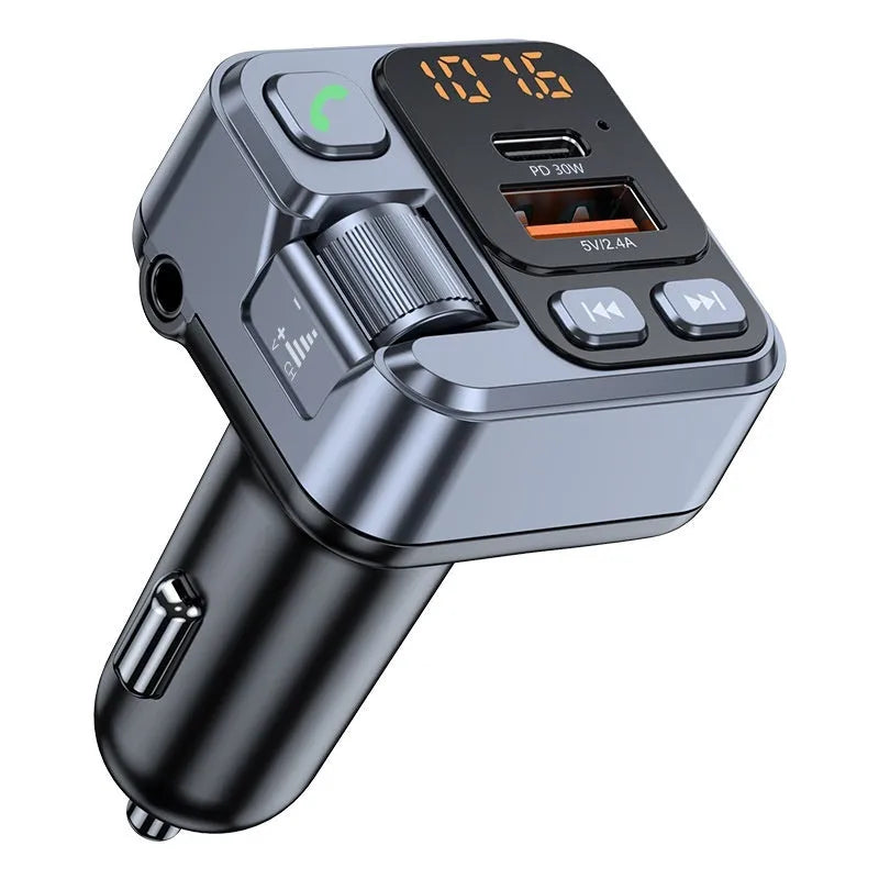 Car Bluetooth receiver and fast charger with LED display and USB-A and USB-C ports