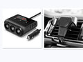 Black ABS car charger with 4 USB ports and 3 cigarette lighter ports on a 12V extension cable