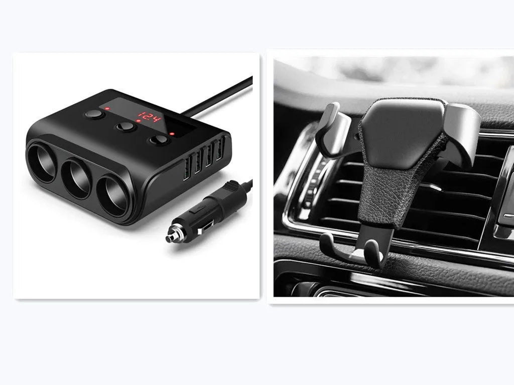 Black ABS car charger with 4 USB ports and 3 cigarette lighter ports on a 12V extension cable