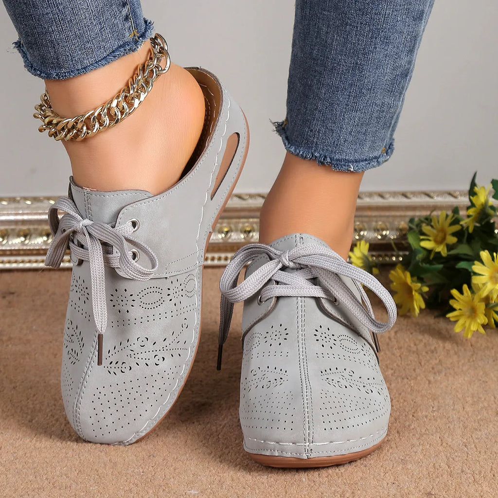 Women's lace-up baotou slippers with hollow out wedge design in suede with rubber sole
