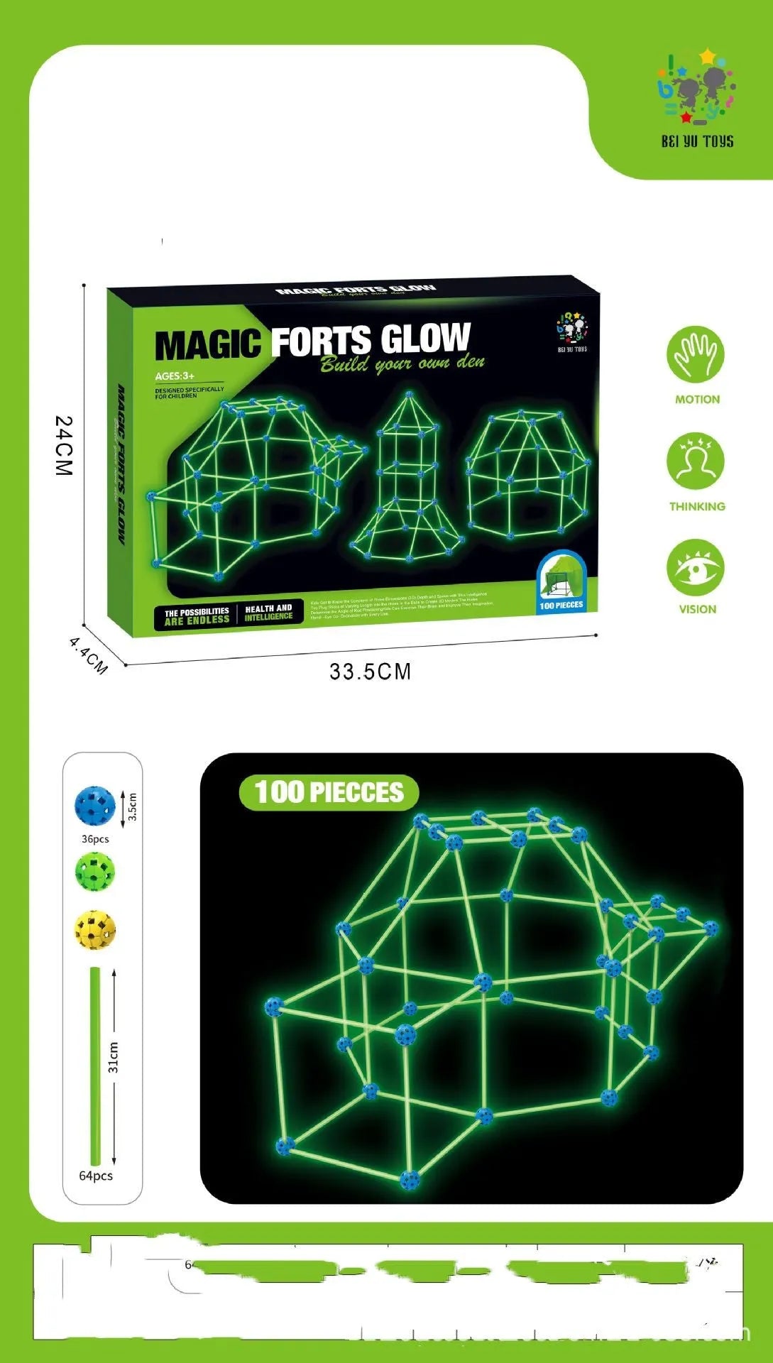Luminous plastic fort building kit for kids with glowing sticks, balls, and fabric tent