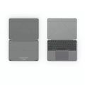 Grey wireless Bluetooth folding keyboard shown open and folded for use with phones and tablets