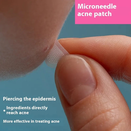 Sheet of nine 14mm soluble hyaluronic acid invisible microneedle acne patches in blister box.