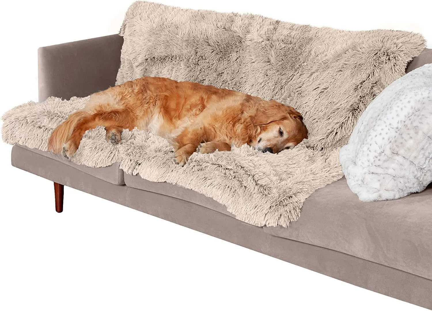 A plush dark grey waterproof dog cushion laid flat, showing its size and texture.