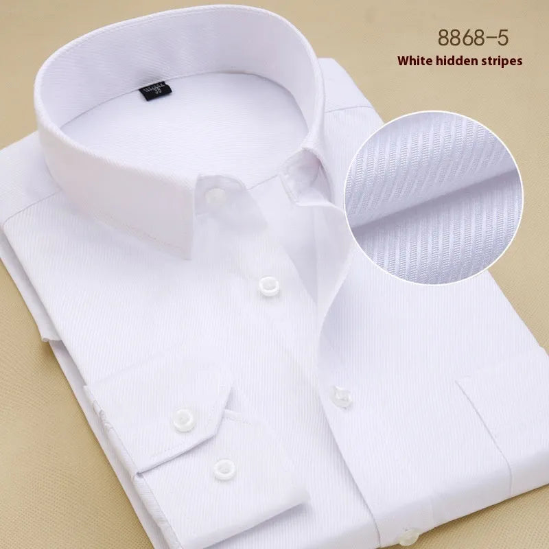 Men's solid colour cotton long sleeve business shirt in a slim fit on a hanger