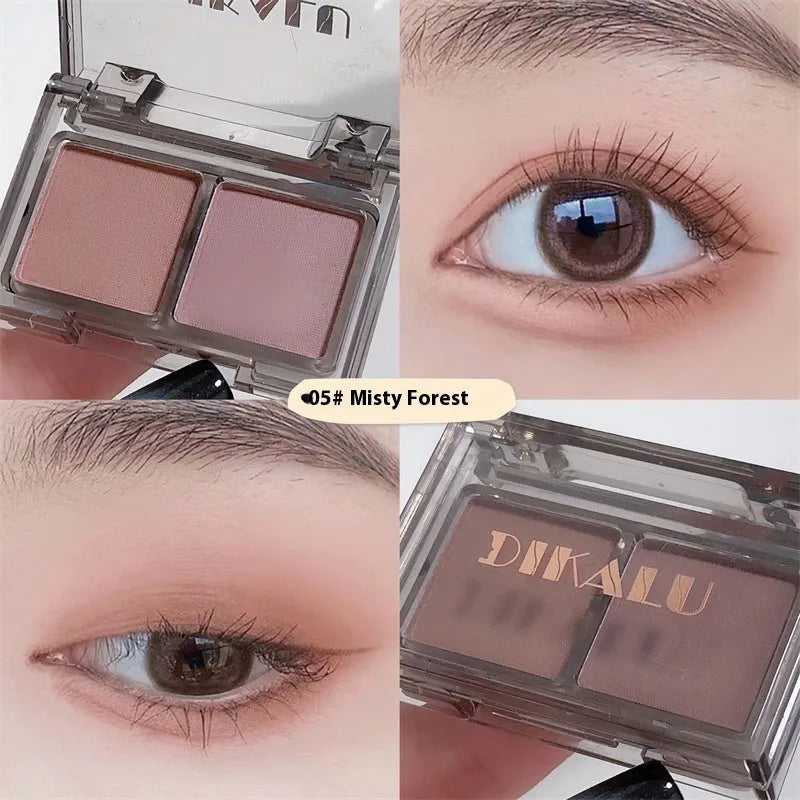 DIKALU two-tone eyeshadow compact showing pink and black shades with matte and shimmer finishes.