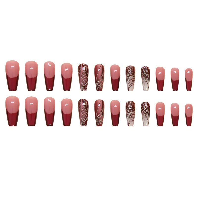 French line patterned removable nail sticker patches and glue tube on white background.